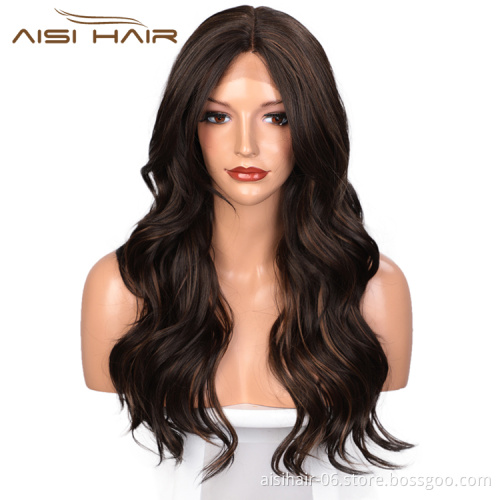 Aisi Hair 24 Inch Long Wavy Mixed Brown Wig Body Wave Swiss Lace Wig Middle Part Cheap  Lace Front Wigs For Black Women